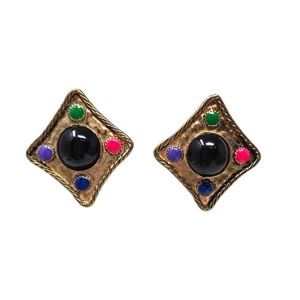 Antique Gold Tone Earrings Clip On Black Pink Purple Green Blue